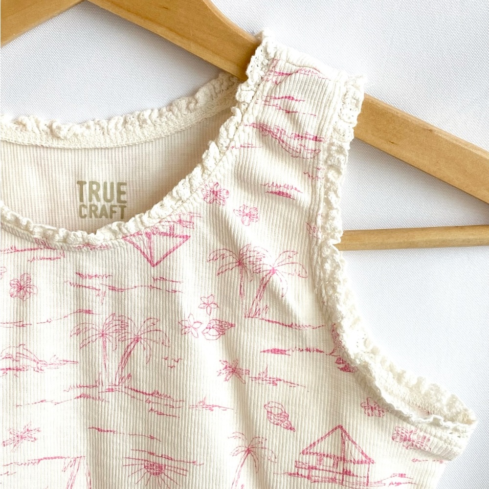 Kids True Craft Cream Tropical Tank Top w/ Pink Print & Ruffle Trim Size 8